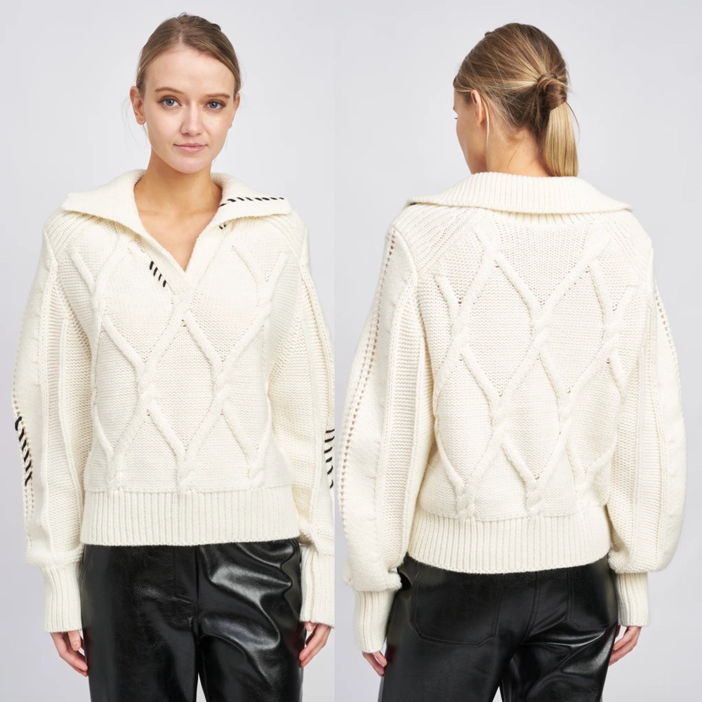 En Saison Lena Whipstitch Polo Cable Knit Sweater Cream Size S